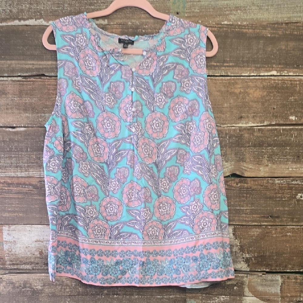 Talbots Mint and Pink Floral Sleeveless Blouse